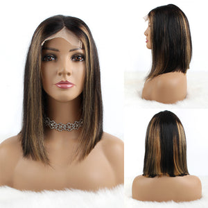 OrderWigsOnline Bob Wig 4x4 Lace Wigs Highlights 1B/27# Straight Human Hair Wigs Natural Black 150% Density