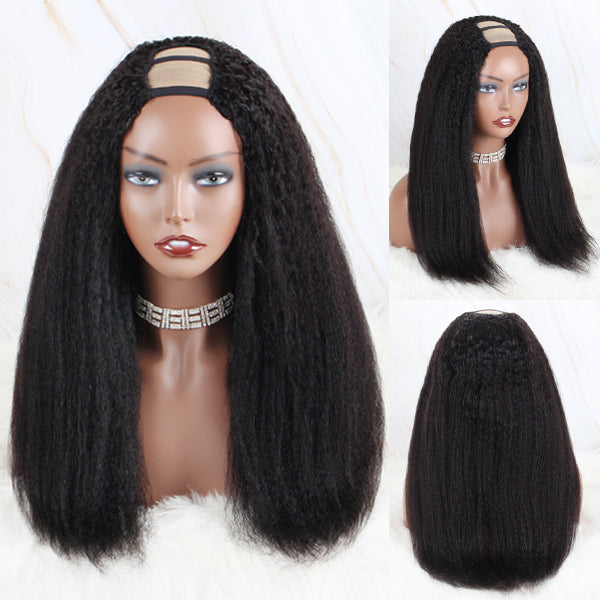 OrderWigsOnline Kinky Straight U Part Wig Human Hair Wig 150% Density Natural Color Wig