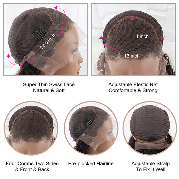 13x4 Lace Front Wig Deep Wave 100% Human Hair Natural Color 150% Density